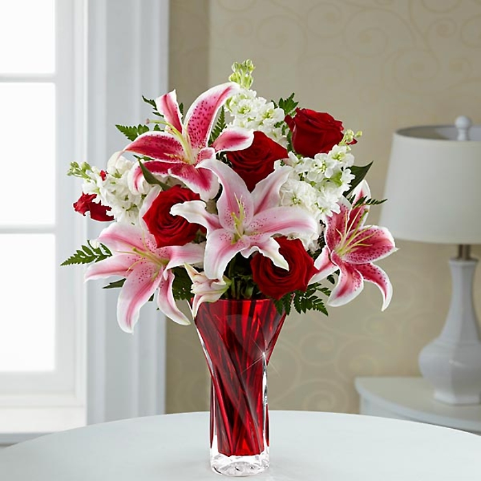 The Lily and Rose Anniversary Bouquet - Red Vase