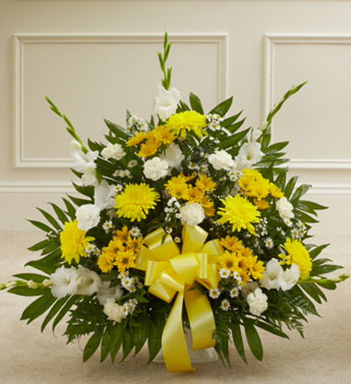 Heartfelt Tribute Yellow Floor Basket Arrangement