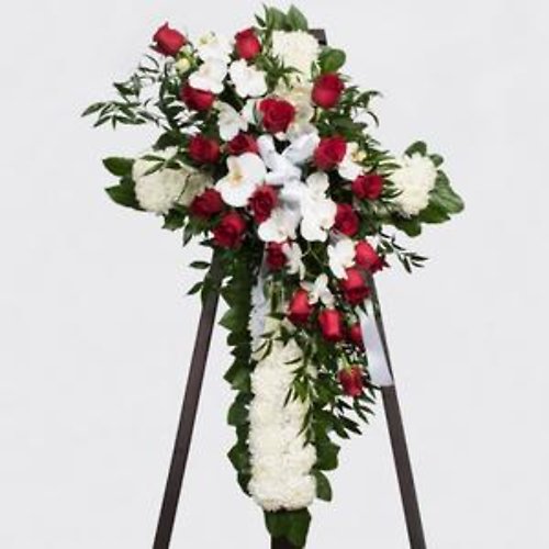 White Cross with orchids, lilies and roses